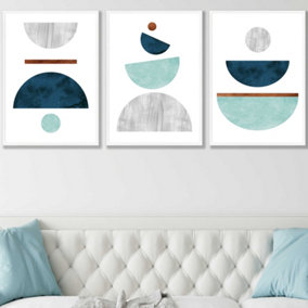 Set of 3 Teal, Mint Green and Grey Abstract Mid Century Geometric Wall Art Prints / 50x70cm / White Frame