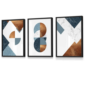 Set of 3 Teal Orange Abstract Mid Century Geometric Wall Art Prints / 30x42cm (A3) / Black Frame