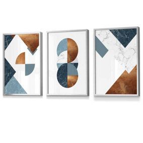 Set of 3 Teal Orange Abstract Mid Century Geometric Wall Art Prints / 30x42cm (A3) / Silver Frame