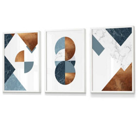Set of 3 Teal Orange Abstract Mid Century Geometric Wall Art Prints / 30x42cm (A3) / White Frame