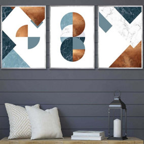 Set of 3 Teal Orange Abstract Mid Century Geometric Wall Art Prints / 42x59cm (A2) / Silver Frame