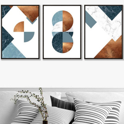 Set of 3 Teal Orange Abstract Mid Century Geometric Wall Art Prints / 50x70cm / Black Frame