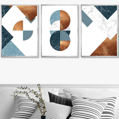 Set of 3 Teal Orange Abstract Mid Century Geometric Wall Art Prints / 50x70cm / Silver Frame