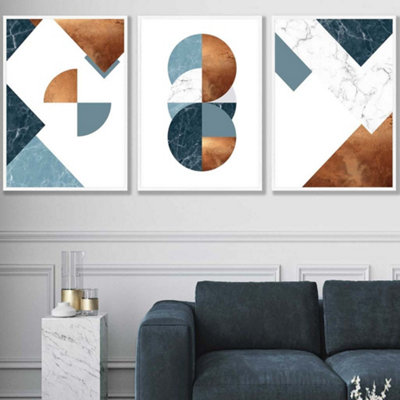 Set of 3 Teal Orange Abstract Mid Century Geometric Wall Art Prints / 50x70cm / White Frame