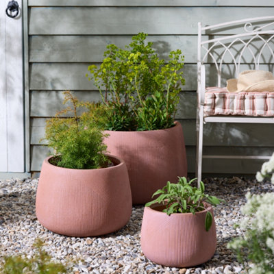 Set of 3 Terracotta Symmetry Stripe Fibre Clay Indoor Outdoor Summer Flower Plant Pot Houseplant Garden Planters