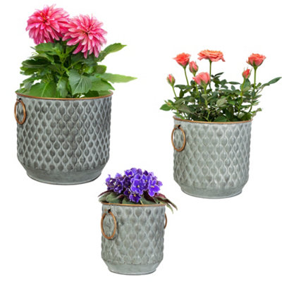 Set of 3 Textured Dolly Indoor Outdoor Planter Garden Decorative Plant Pots with Handles