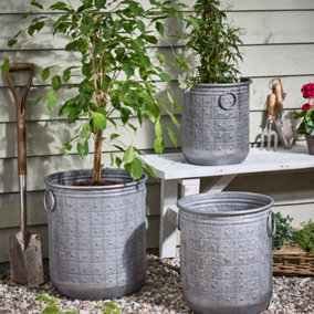 Set of 3 Textured Round Flower Plant Pots Outdoor Garden Planters