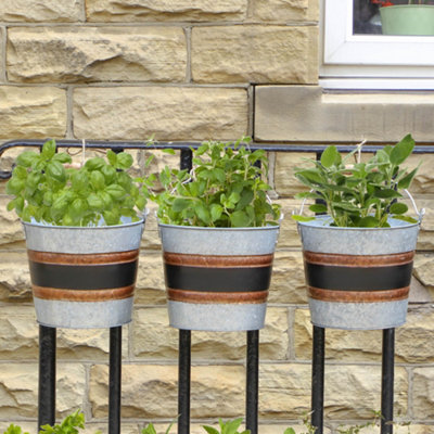 Set of 3 Traditional Style Black Band Outdoor Garden Bucket Planters