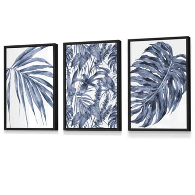 Set of 3 Tropical Plants and Pattern Navy Blue Abstract Wall Art Prints ...