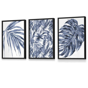 Set of 3 Tropical Plants and Pattern Navy Blue Abstract Wall Art Prints / 30x42cm (A3) / Black Frame