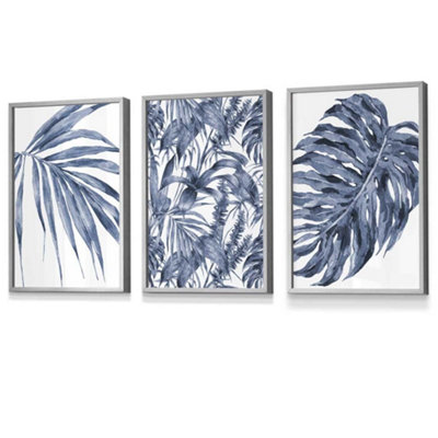 Set of 3 Tropical Plants and Pattern Navy Blue Abstract Wall Art Prints ...