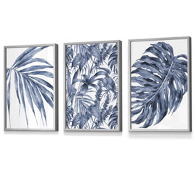 Set of 3 Tropical Plants and Pattern Navy Blue Abstract Wall Art Prints / 30x42cm (A3) / Light Grey Frame