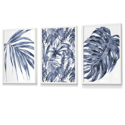 Set of 3 Tropical Plants and Pattern Navy Blue Abstract Wall Art Prints ...