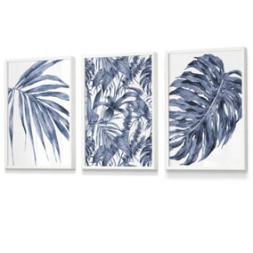 Set of 3 Tropical Plants and Pattern Navy Blue Abstract Wall Art Prints / 30x42cm (A3) / White Frame