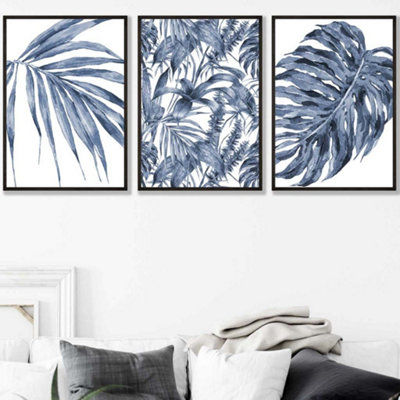 SET OF 3 TROPICAL PLANTS AND PATTERN NAVY BLUE ABSTRACT WALL ART PRINTS ...