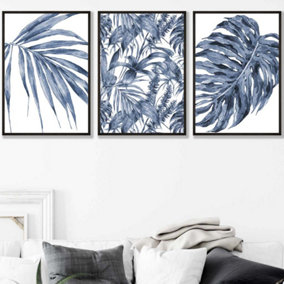 Set of 3 Tropical Plants and Pattern Navy Blue Abstract Wall Art Prints / 42x59cm (A2) / Black Frame