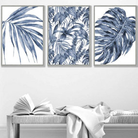 Set of 3 Tropical Plants and Pattern Navy Blue Abstract Wall Art Prints / 42x59cm (A2) / Light Grey Frame