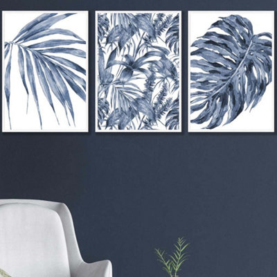 Set of 3 Tropical Plants and Pattern Navy Blue Abstract Wall Art Prints ...