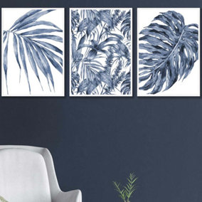 Set of 3 Tropical Plants and Pattern Navy Blue Abstract Wall Art Prints / 42x59cm (A2) / White Frame