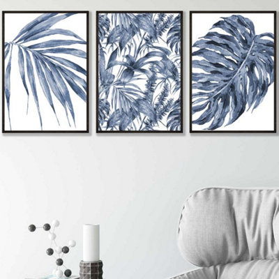 Set of 3 Tropical Plants and Pattern Navy Blue Abstract Wall Art Prints / 50x70cm / Black Frame