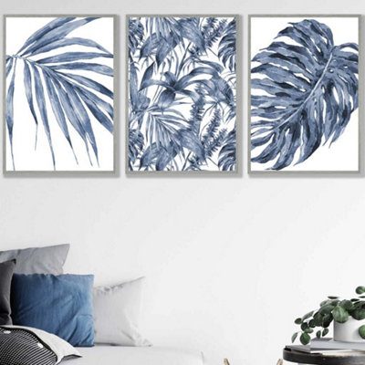 Set of 3 Tropical Plants and Pattern Navy Blue Abstract Wall Art Prints ...