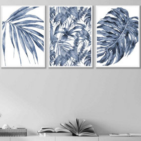 Set of 3 Tropical Plants and Pattern Navy Blue Abstract Wall Art Prints / 50x70cm / White Frame