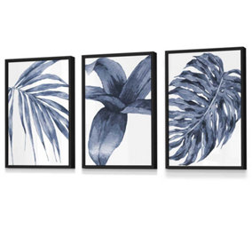 Set of 3 Tropical Plants Navy Blue Abstract Wall Art Prints / 30x42cm (A3) / Black Frame