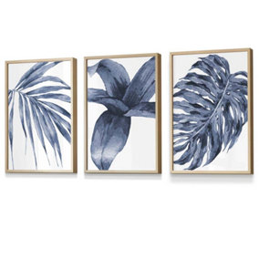 Set of 3 Tropical Plants Navy Blue Abstract Wall Art Prints / 30x42cm (A3) / Oak Frame