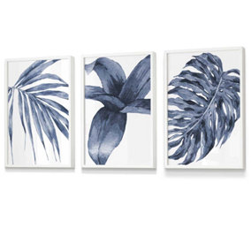 Set of 3 Tropical Plants Navy Blue Abstract Wall Art Prints / 30x42cm (A3) / White Frame