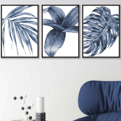 Set of 3 Tropical Plants Navy Blue Abstract Wall Art Prints / 42x59cm ...