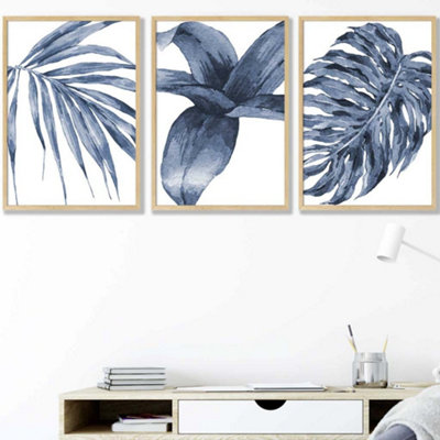Set of 3 Tropical Plants Navy Blue Abstract Wall Art Prints / 42x59cm ...