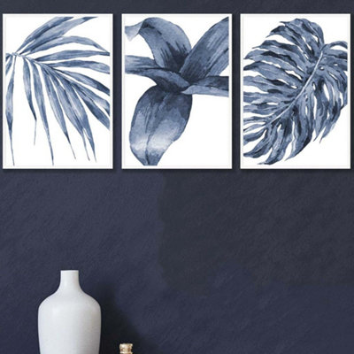 Set of 3 Tropical Plants Navy Blue Abstract Wall Art Prints / 42x59cm ...