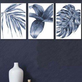 Set of 3 Tropical Plants Navy Blue Abstract Wall Art Prints / 42x59cm (A2) / White Frame