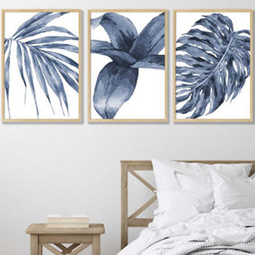 Set of 3 Tropical Plants Navy Blue Abstract Wall Art Prints / 50x70cm / Oak Frame