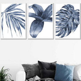 Set of 3 Tropical Plants Navy Blue Abstract Wall Art Prints / 50x70cm / White Frame