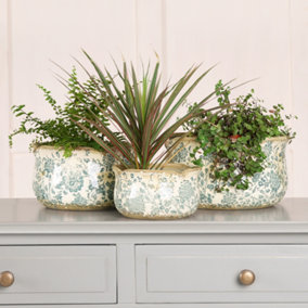 Set of 3 Turquoise Round Scallop Hallway Room Table Decor Garden Planter Pots