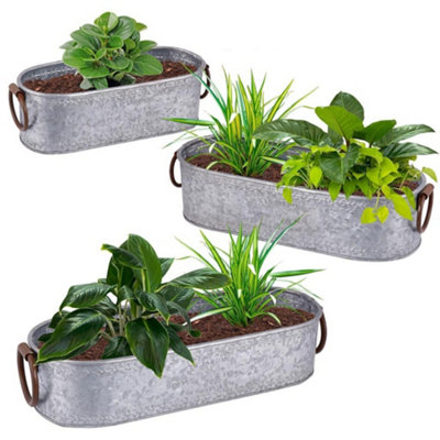 Set of 3 Vintage Zinc Indoor Outdoor Garden Hallway Room Decor Oval Planter Pots