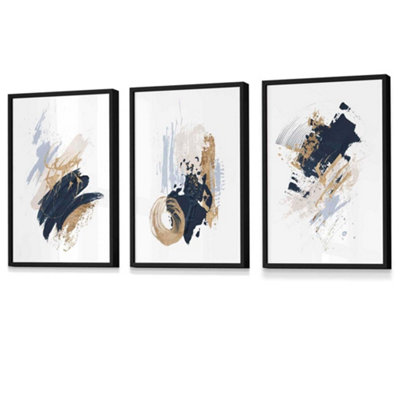 Set of 3 Wall Art Blue and Gold Prints of Abstract Oil Paintings
