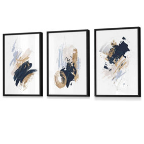 Set of 3 Wall Art Blue and Gold Prints of Abstract Oil Paintings / 42x59cm (A2) / Black Frame