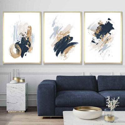 Set of 3 Wall Art Blue and Gold Prints of Abstract Oil Paintings / 42x59cm (A2) / Black Frame
