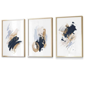 Set of 3 Wall Art Blue and Gold Prints of Abstract Oil Paintings / 42x59cm (A2) / Gold Frame