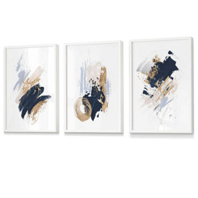 Set of 3 Wall Art Blue and Gold Prints of Abstract Oil Paintings / 42x59cm (A2) / White Frame