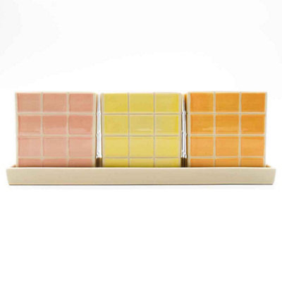 Set of 3 Warm Pastel Tile Design Ceramic Planters with Tray