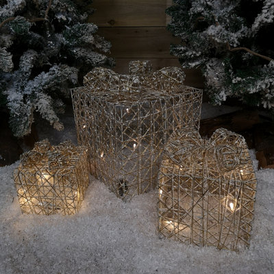 Set of 3 Warm White Battery Operated LED Gold Gift Box Christmas Decoration Price Comparisons | Compare The Build