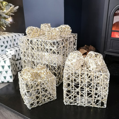 Set of 3 Warm White Battery Operated LED Gold Gift Box Christmas Decoration