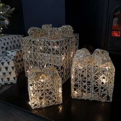 Set of 3 Warm White Battery Operated LED Gold Gift Box Christmas Decoration - 3