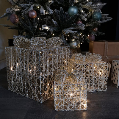 Set of 3 Warm White Battery Operated LED Gold Gift Box Christmas Decoration - 5