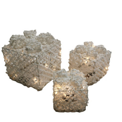 Set of 3 Warm White Battery Operated LED White and Gold Gift Box Christmas Decoration - 6