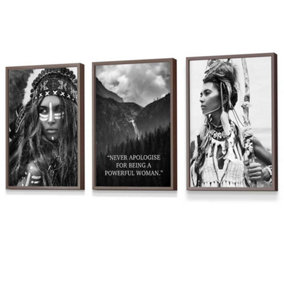 Set of 3 Warrior Women Photo Art Quote Wall Art Prints / 30x42cm (A3) / Walnut Frame