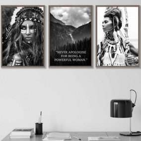 Set of 3 Warrior Women Photo Art Quote Wall Art Prints / 42x59cm (A2) / Walnut Frame
